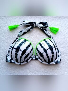VENUS Black & White Tie-Dye Halter Bikini Top with Neon Green Tassels, Size C